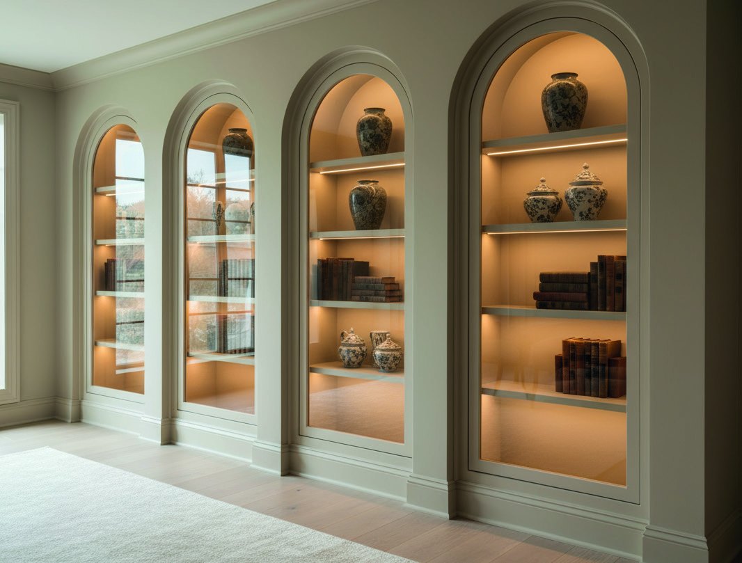 Bespoke built-in shelving with rounded openings