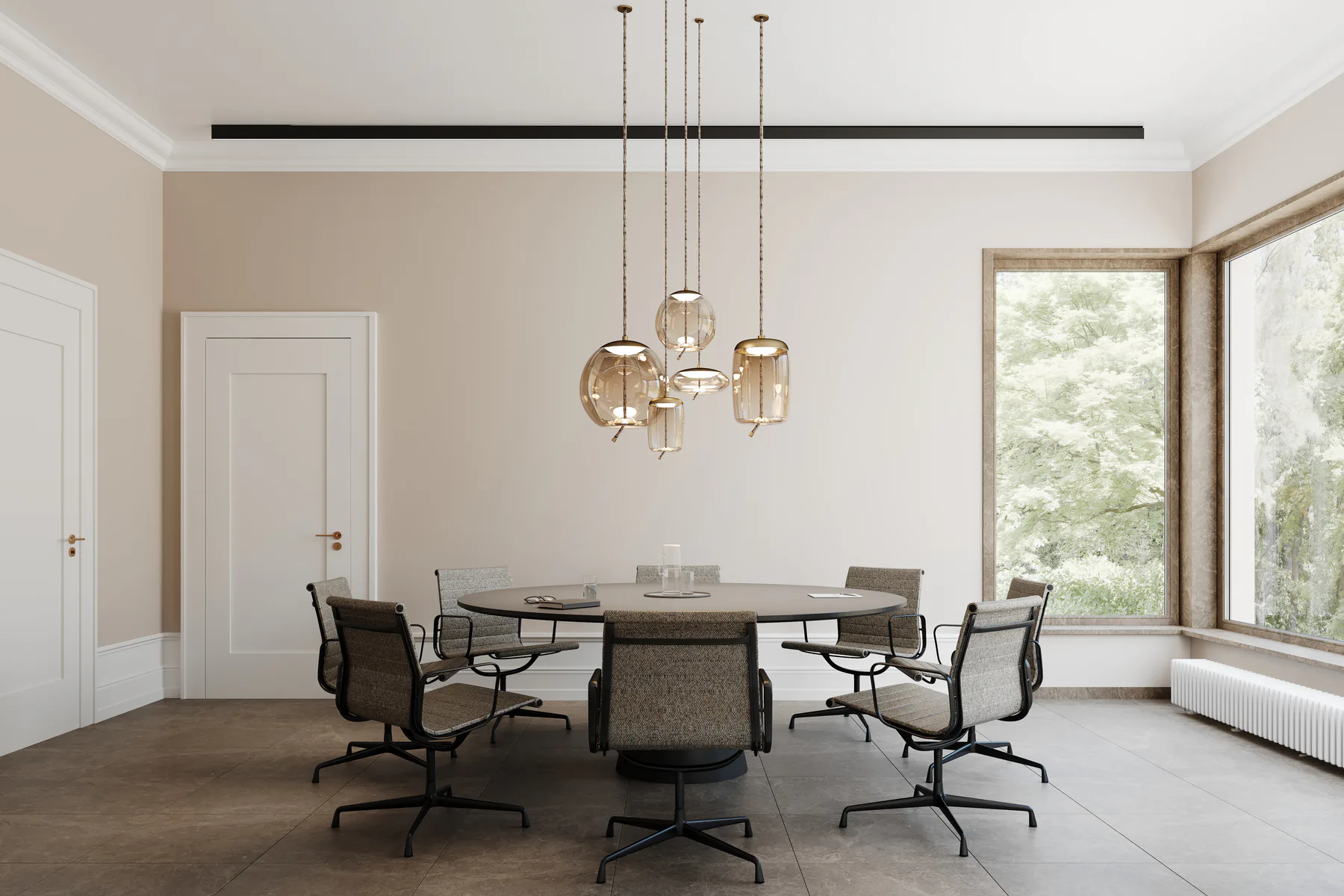 Light-filled BHP law firm meeting room with a round table and sculptural pendant lights
