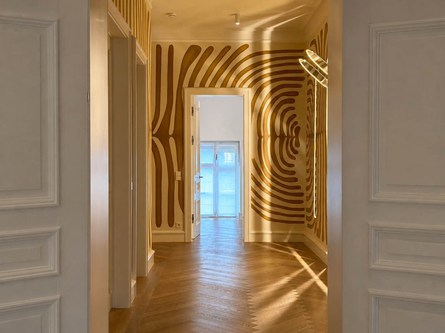 Sunlit hallway with sculptural wall design in Apartment Westend