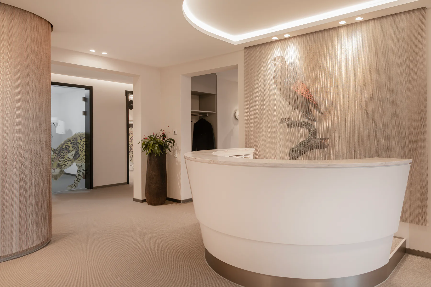 Reception of the Orthodontic Practice Marburg with a curved ceiling and prehistoric bird motif