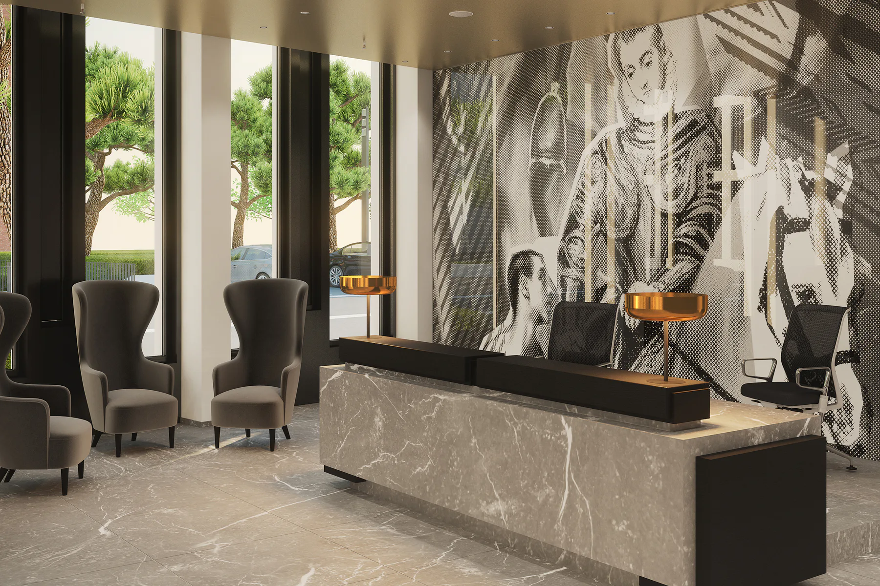 St. Martin Tower reception with a white-veined stone desk and graphic wall treatment
