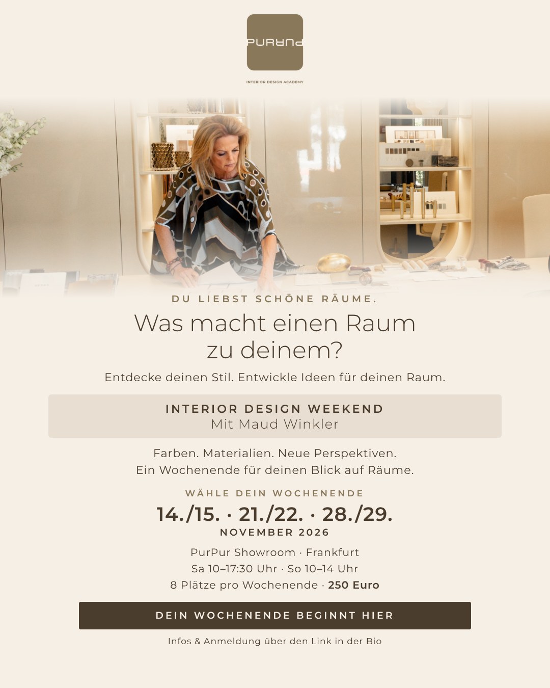 Interior Design Weekend mit Maud Winkler, 14./15., 21./22. und 28./29. November 2026, PurPur Showroom Frankfurt